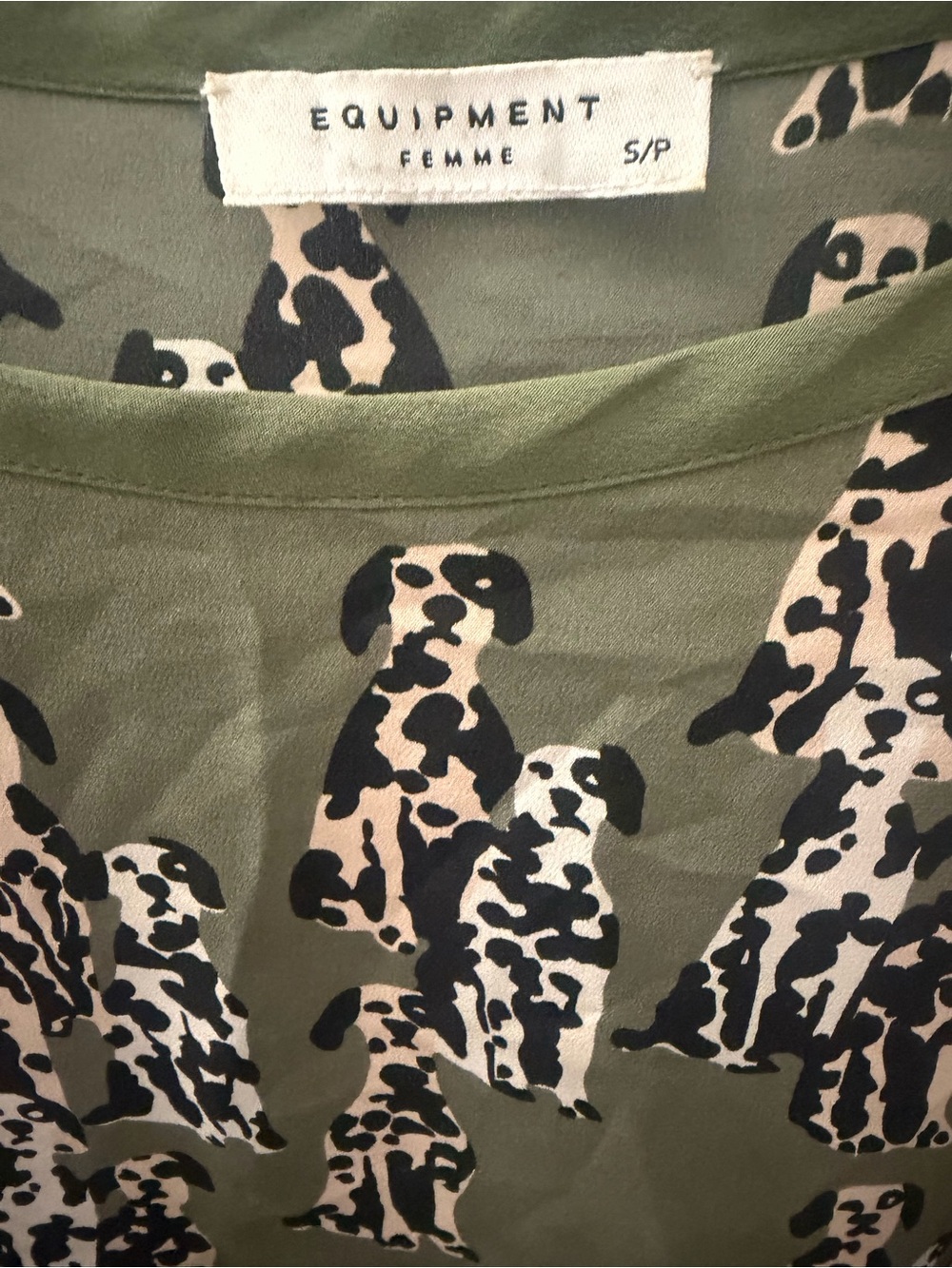 Equipment Olive Green Short Sleeve Top with Dalmatian Dog Print - Picture 2 of 3